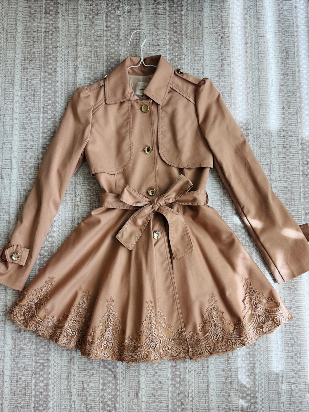 Womens caramel Lace-Hem Trench Coat with Tie Belt